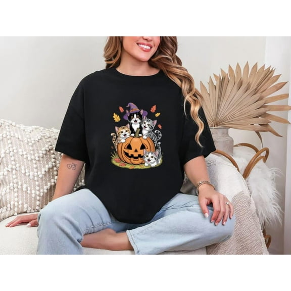 Cat Pumpkin Floral 90s Haunted Season Cute Halloween Celebration Unisex T-shirt, up to size 5XL.