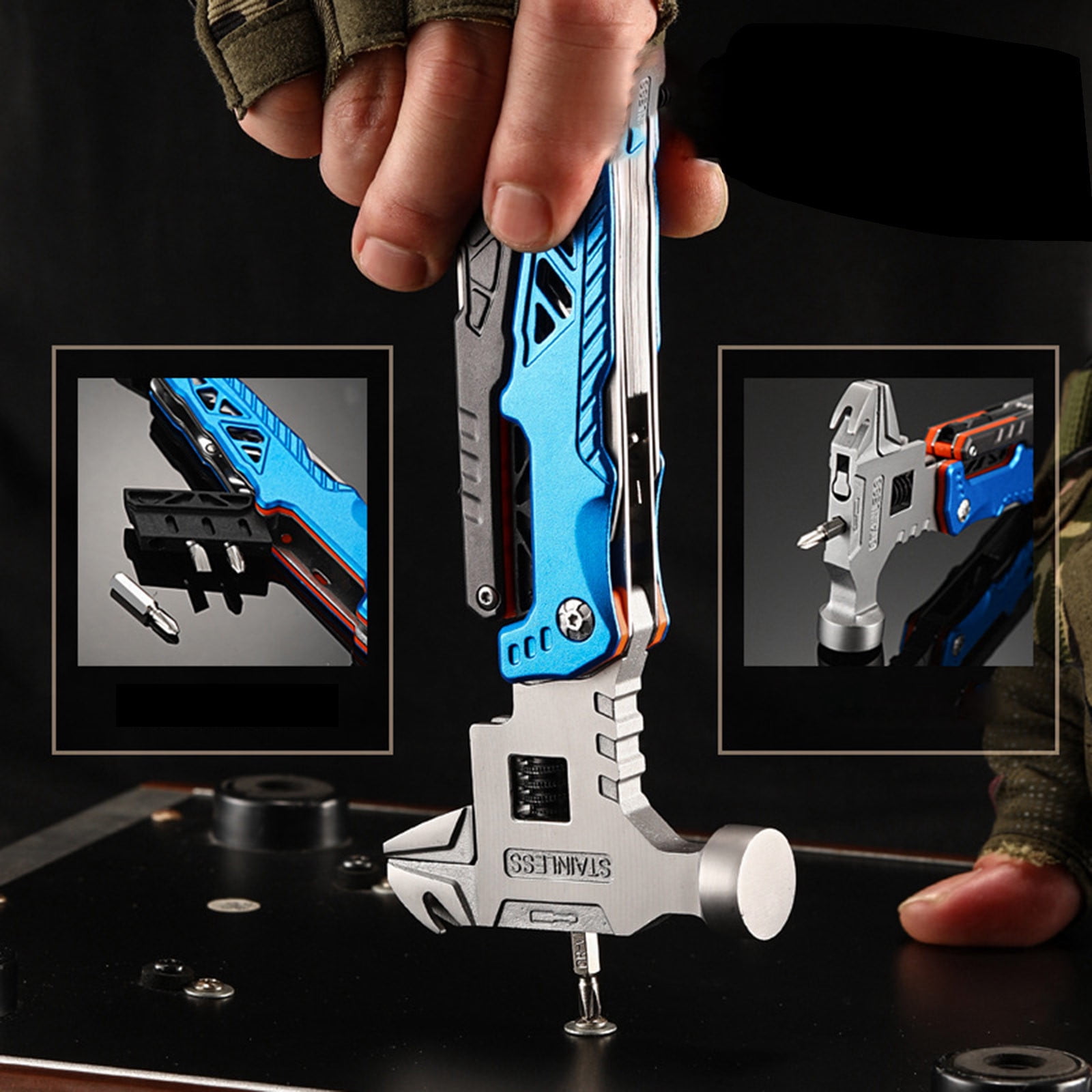 Multitool Hammer, Portable Stainless Steel Camping Gear Survival Tool with Pliers, Wire Cutter, and Screwdriver for Outdoor Hiking and Travel A#038 Blue