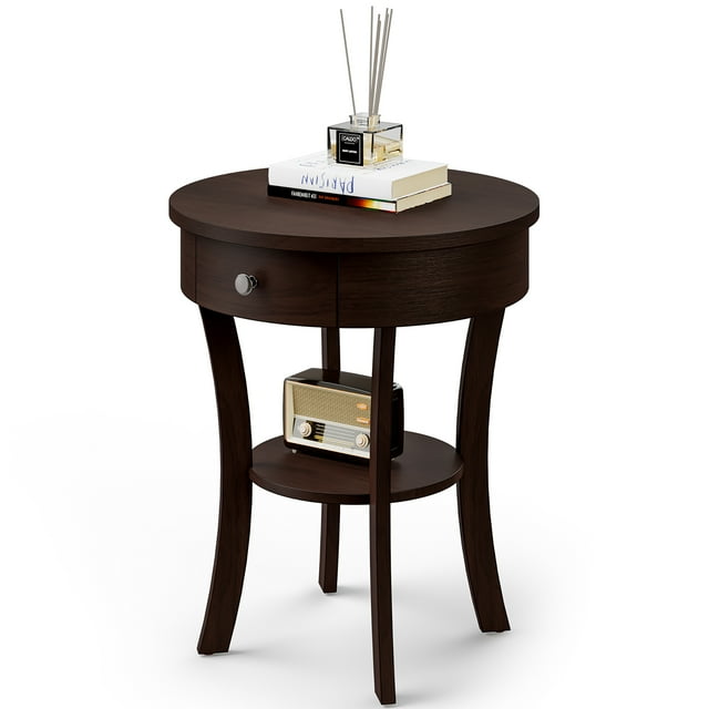 Costway Table d'Appoint à 2 Niveaux, Bout de Canapé Rond, Table de Nuit pour Chambre et Salon, Espresso