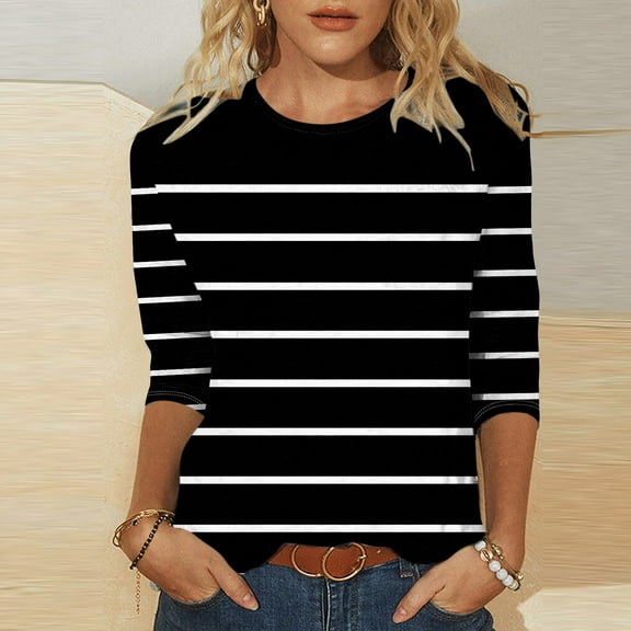 ALLLIST Spring Tops for Women 2024 Black 3/4 Sleeve Crew Neck Striped T-Shirts Casual Ladies Tops and Blouses