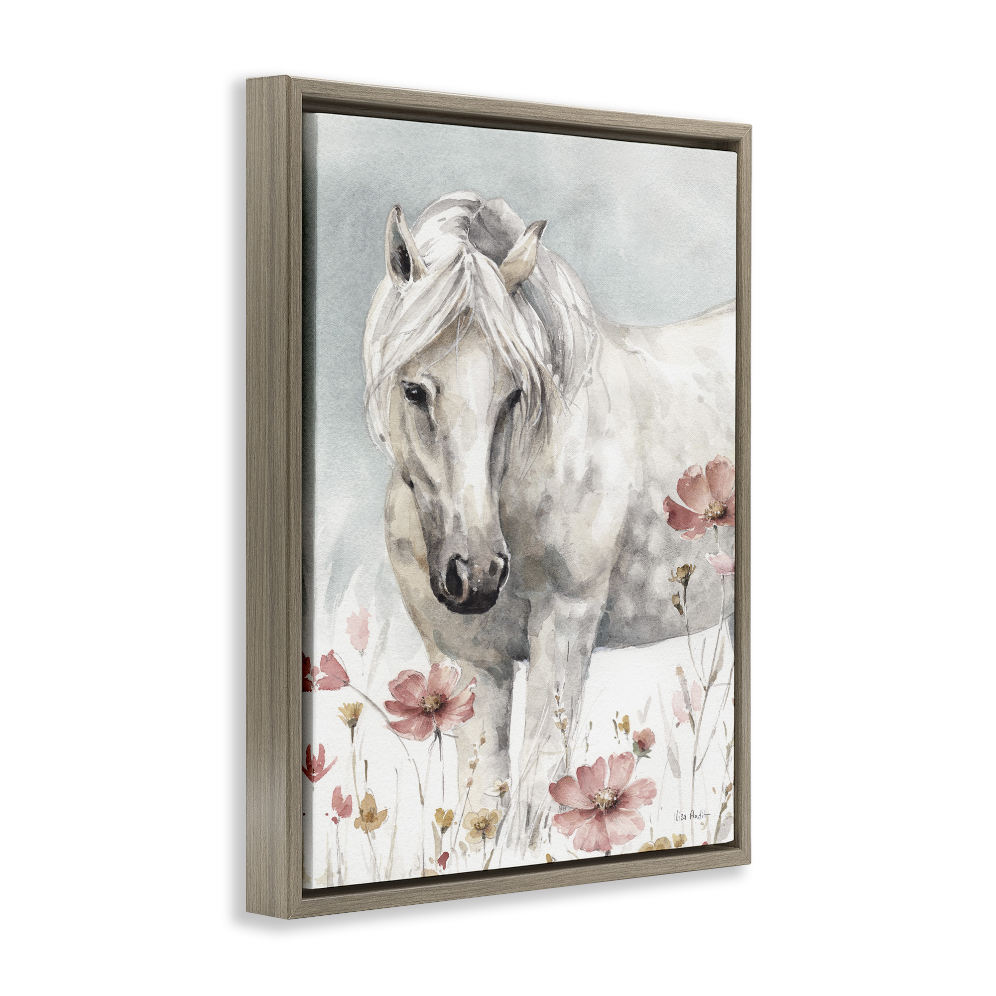 Stupell Industries Horse with Pink Flowers Animals & Insects Painting Brown Floater Framed Canvas Art Print Wall Art, 25 x 31