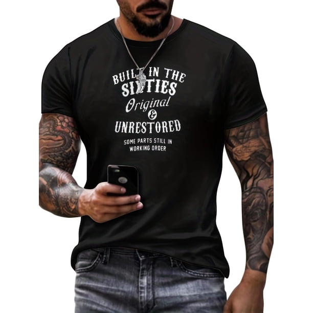 Camiseta clásica con estampado 3D "CONSTRUIDA EN LOS SESENTA" para hombre. Camiseta gráfica informal negra, perfecta para verano y estilo urbano. Lavable a máquina. Para adultos, hombres, mujeres, ado