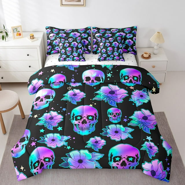 YST Gothic Skull 7-Piece Comforter Set, King Size, Neon Stars Flowers Print, Polyester, Bedding Set