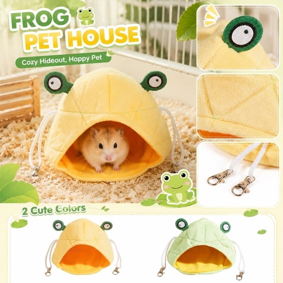 Small Pet Supplies, Frog Plush Guinea Pig Hideout, 8X8 in Enclosed Small Pet Bed, Cozy Frog Shaped Cat Bed Cave, Soft Plush Yellow Small Animal Bedding with Clips for Hanging,