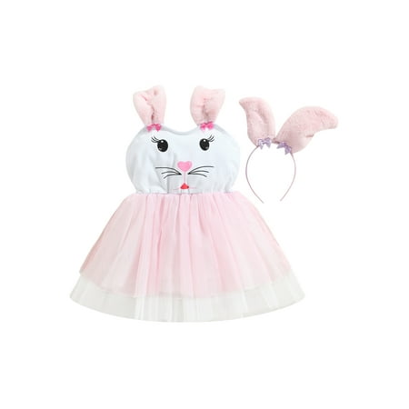 

aturustex Baby Girl Easter Princess Dress Sleeveless Floral Bunny Print High Waist Summer Sundress Cute Dresses with Headband
