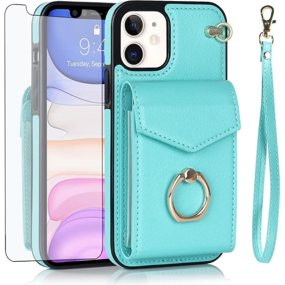 REQO Phone Case for iPhone 11 6.1 Wallet Cover with Tempered Glass Screen Protector and RFID Blocking Ring Card Holder ID Cell Accessories iphone11case iPhone11 i Phone11 11s XI 11R Women Teal