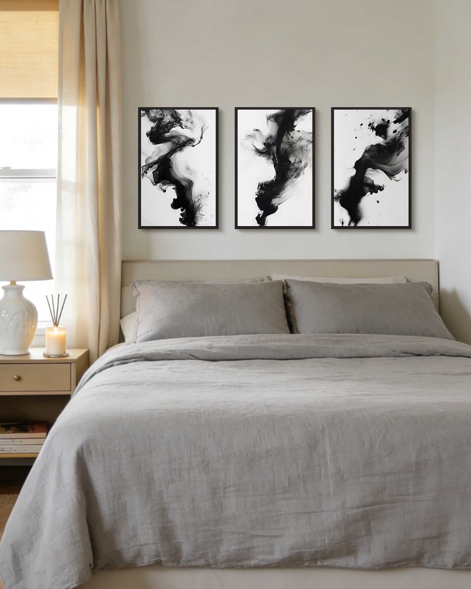 SHENIFY Black White Abstract Canvas Wall Art 16x24in3pcs Black Framed Ink Wash Pastel Wall Decor Modern Rendering Illustration Art Painting for Dining Room Bedroom