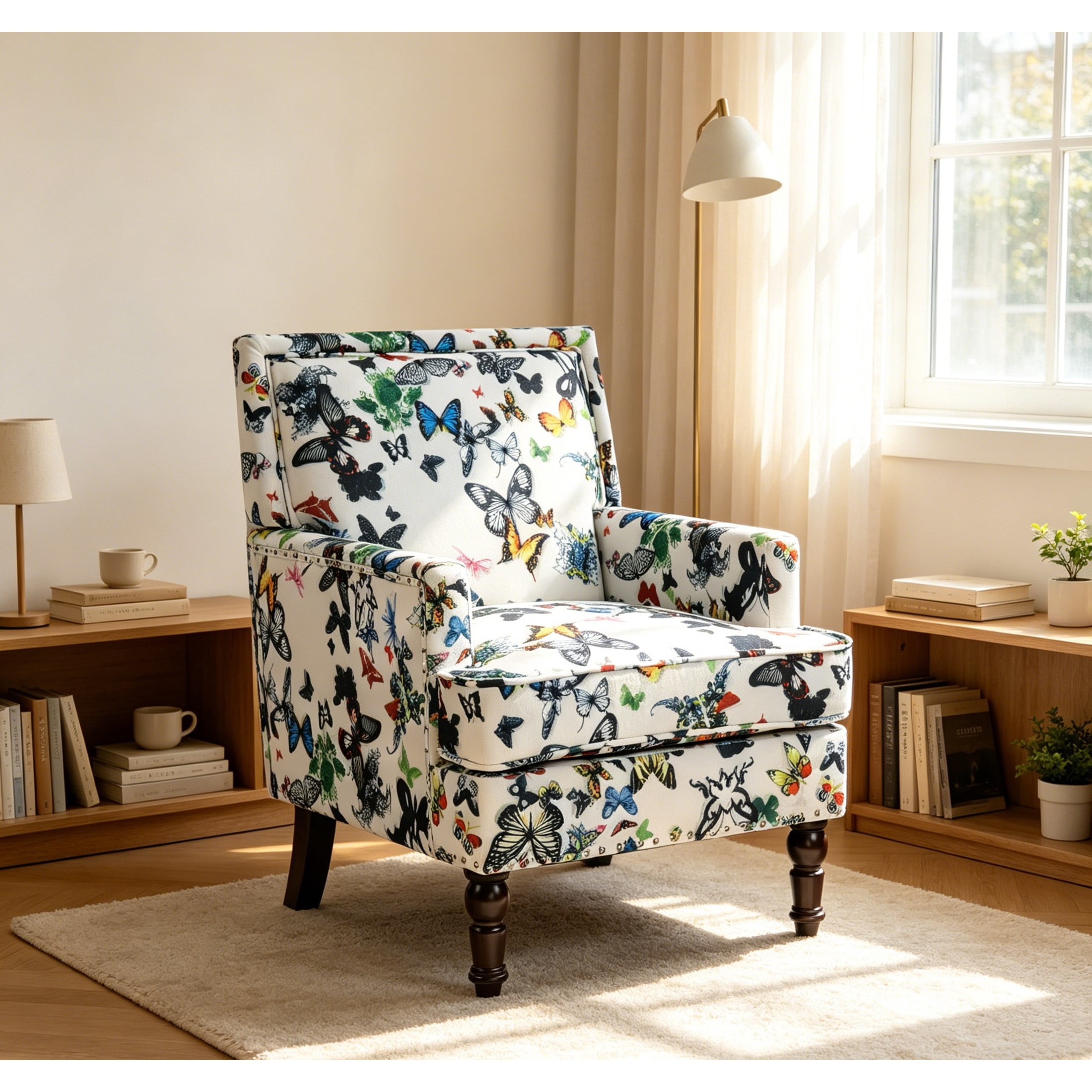 GDF Studio Zerra Vintage Upholstered Armchair with Solid Wood Legs & Nailhead Trim, Butterfly Accent Chair, White