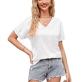 thumbnail image 1 of Camiseta de manga corta con cuello en V para mujer, blusa informal holgada de satén con estampado de leopardo, color blanco L, 1 of 6