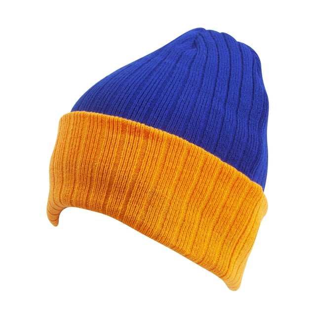 Top Headwear Cable Knit Long Winter Beanie - Royal/Gold