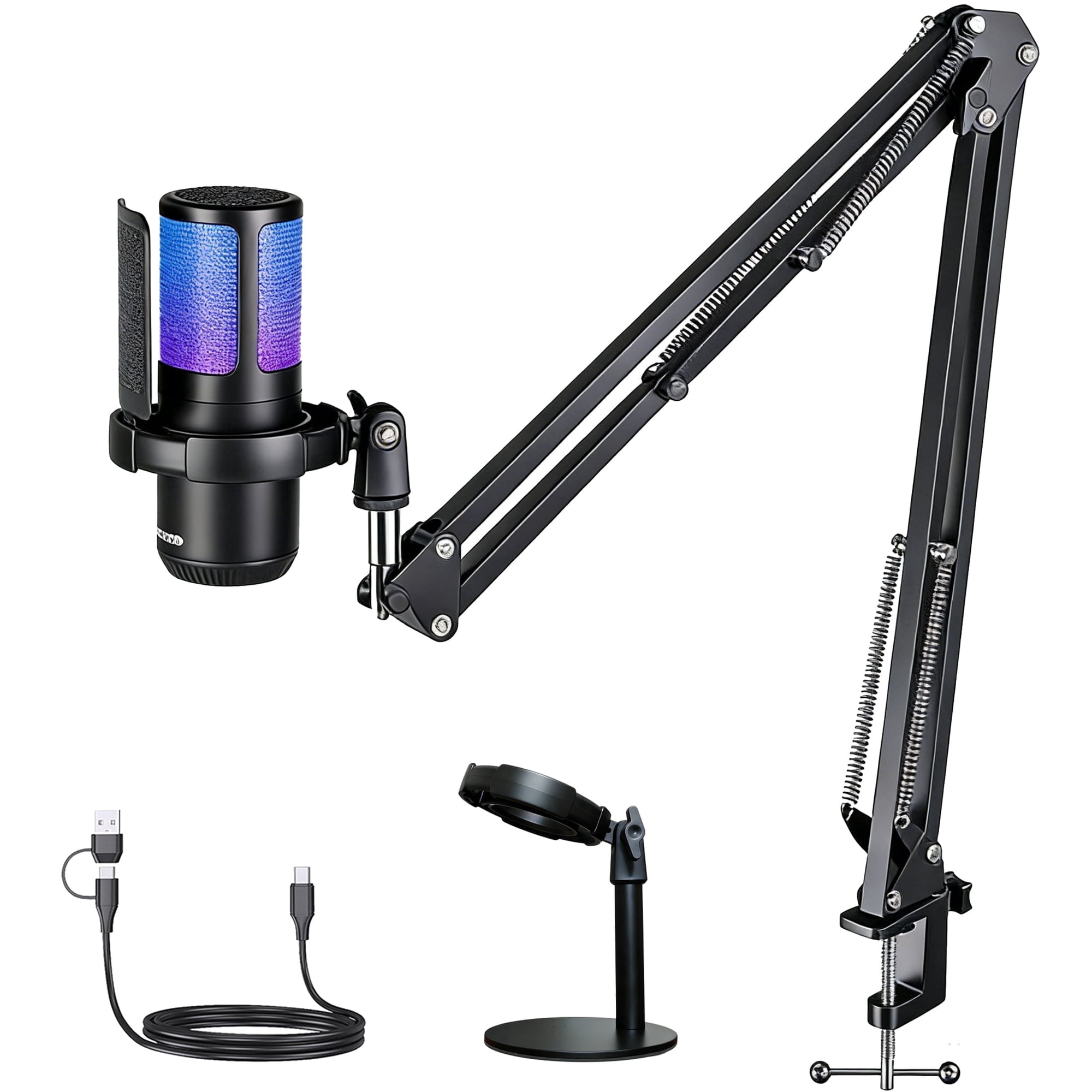 Gaming USB Microphone,Noise Cancellation Condenser Mic,3.5mm Headphone,RGB Microphone with Mute,Gain,Monitoring,Boom Arm,Pop Filter for Phone,PC,Computer,Mac,Streaming,Podcast