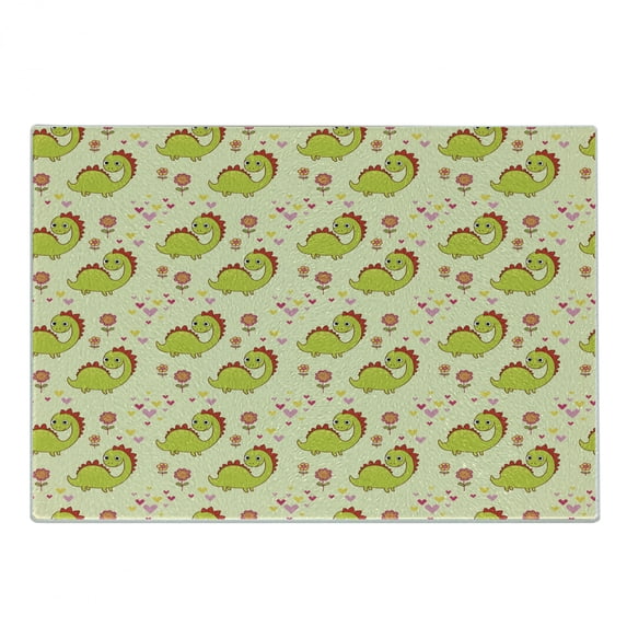 Dinosaur Cutting Board, Dinosaur Characters with Spring Meadow Flowers Hearts, Decorative Tempered Glass Cutting and Serving Board, Small Size, Green Yellow, by Ambesonne