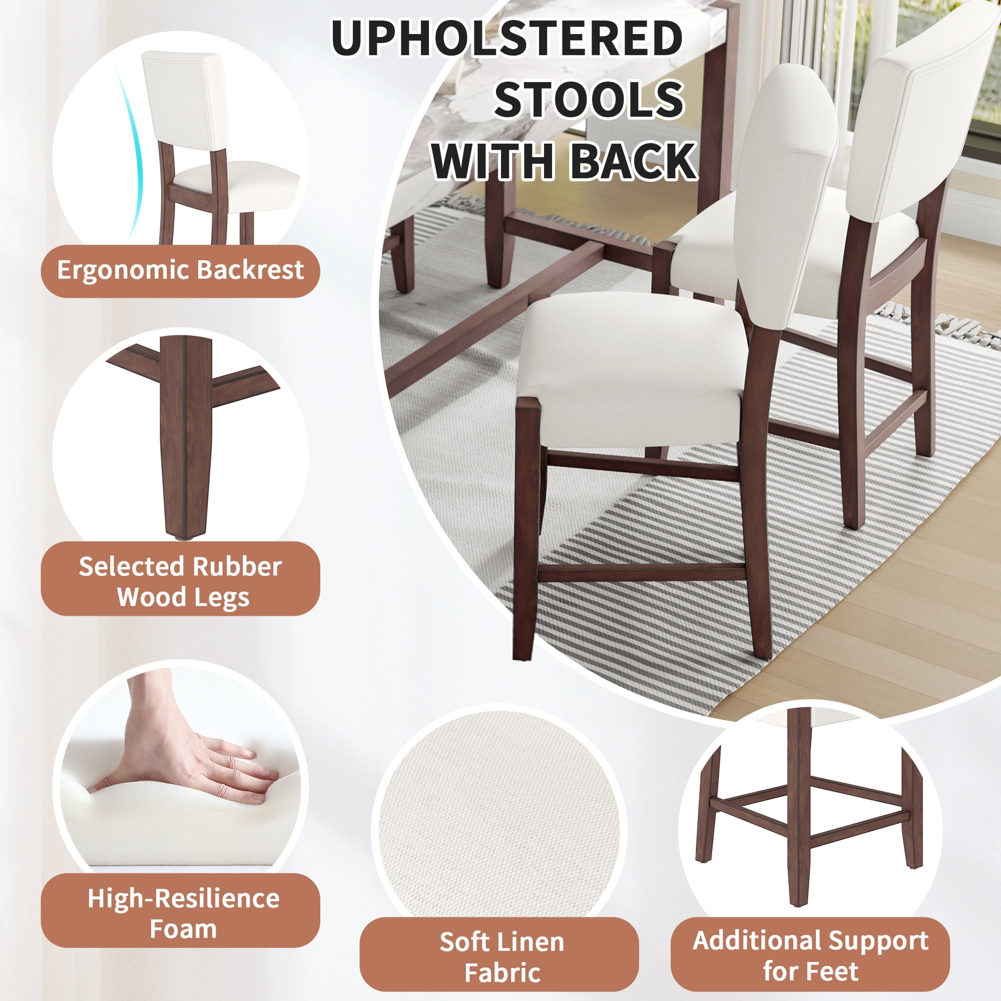 Euroco 3-Piece Counter Height Dining Table Set for 2, 47" Faux Marble Bar Table with 4 Upholstered Chairs and Solid Wood Frame,Mid-century Modern Dining Set for Dining Room,Perfect for Small Spac