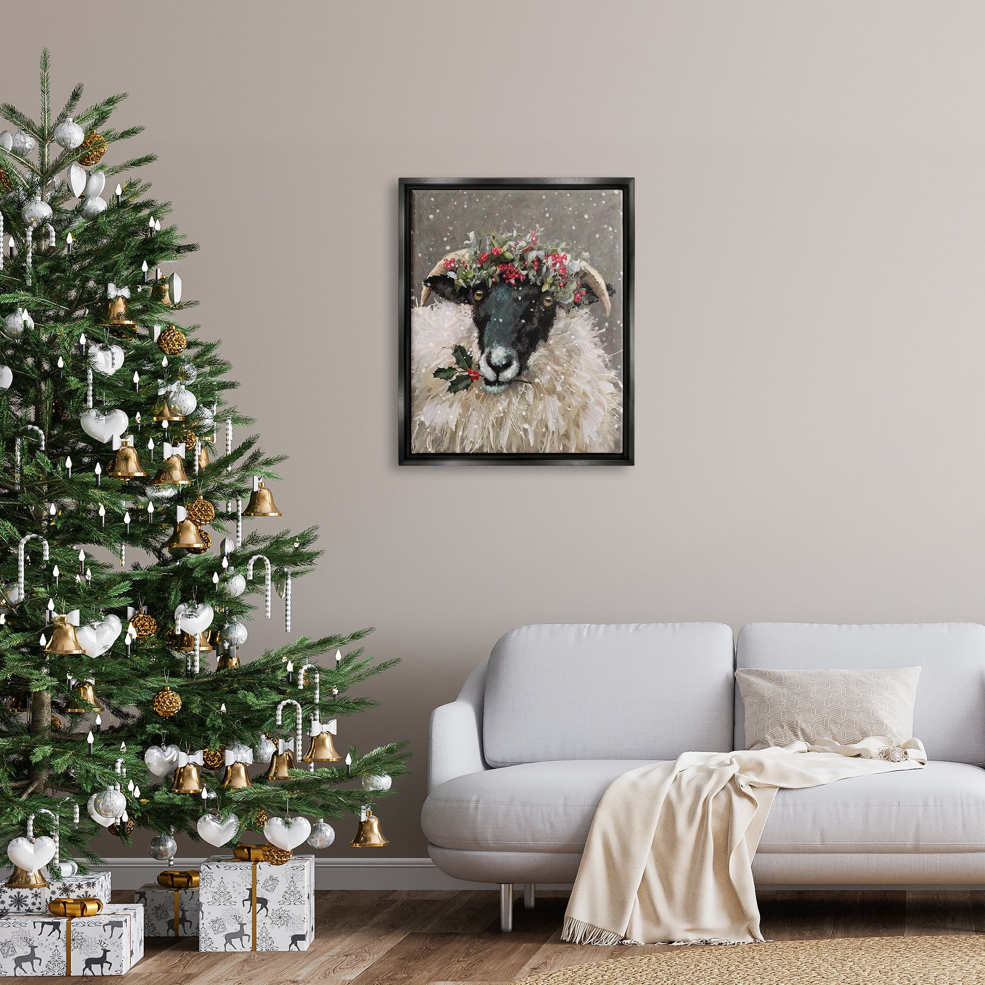Stupell Industries Holiday Berries Farmhouse Sheep Holiday Painting Black Floater Framed Art Print Wall Art