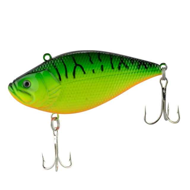 señuelo para pesca 70mm 5 piezas gim sports 9058 flotante. Vista lateral centrada de un señuelo verde de 70 mm con terminación niquelada y silueta de pez; ojo superior para anclar línea, textura escamada visible y dos anzuelos triples niquelados colgando; modelo 100509003. Suele usarse también para practicar lance en entrenamientos de pesca.
