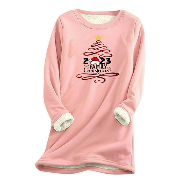 LSLJS Hauts Thermiques pour Femmes, Hauts à Manches Longues Chauds en Peluche Épaissie à Col Rond avec Imprimé de Noël pour Femmes