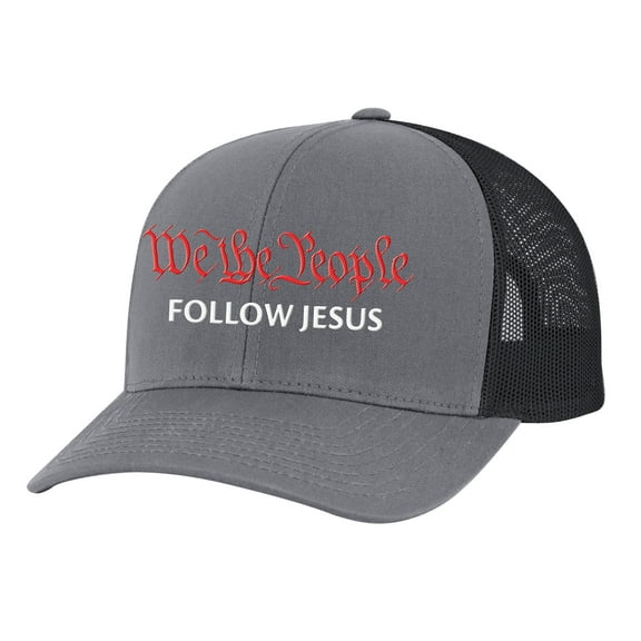 Men's We The People Follow Jesus Patriotic Christian Embroidered Mesh Back Trucker Hat, Charcoal/Black