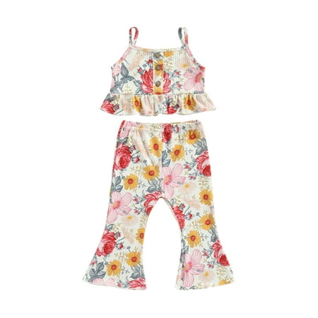 

Licupiee Toddler Baby Girl Flare Outfits Strap Crop Cami Top Graphic Print Bell-Buttoms Pants Trousers Summer Clothes