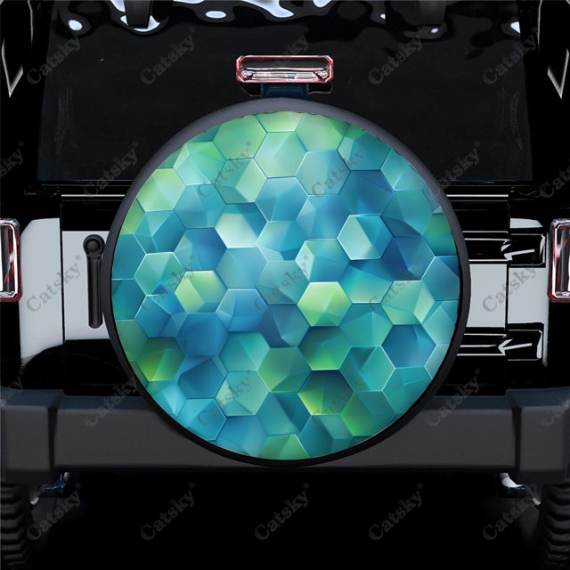 Abstract Green Hexagon Polyester Universal Spare Wheel Tire Cover Custom Tire-Covers for Trailer RV SUV Truck Camper