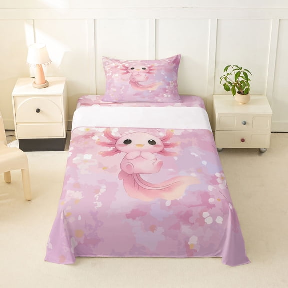 Manfei Pastel Floral Twin Sheets,Sakura Axolotl Bedding For Girls,Pink,3 Pieces,1 Fitted Sheet and 1 Pillowcase