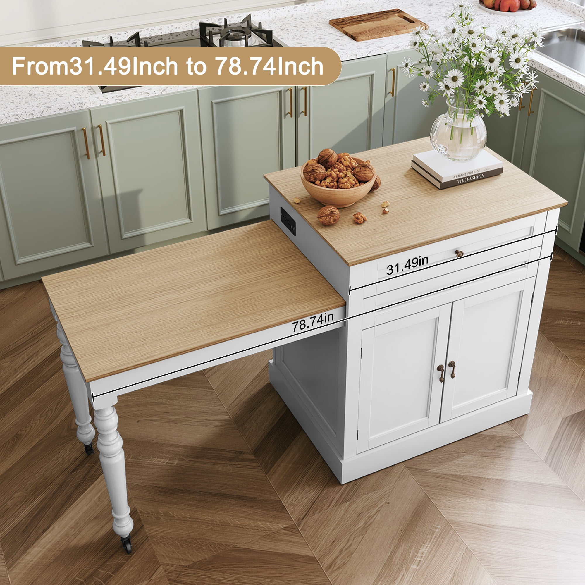 HLR 78.74" Mid-Century Extendable Kitchen Islands on Wheels with Roman column legs, Dining Table Cart with Storage, White