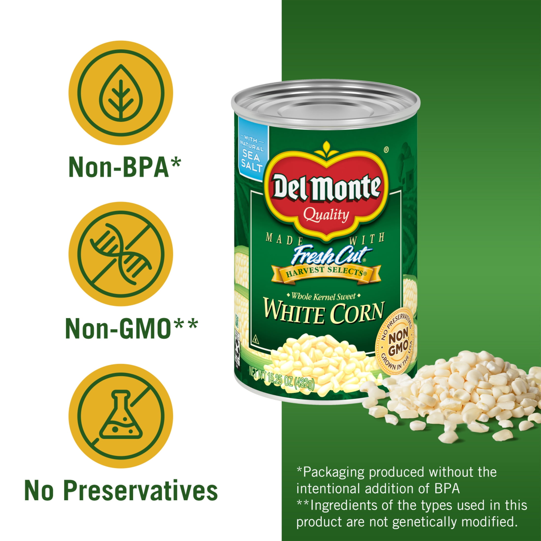 (12 pack) Del Monte Harvest Selects Sweet White Whole Kernel Corn, 15.25 oz Can, Canned Vegetables