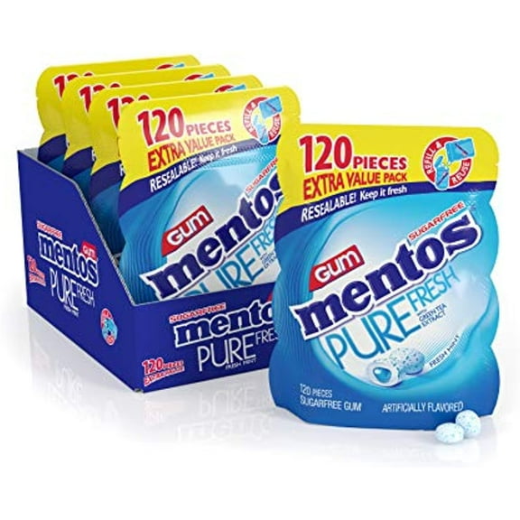 Mentos Pure Fresh Sugar-Free Chewing Gum With Xylitol, Fresh Mint, Holiday Treat, 120 Piece Resealable Bag (Bulk Pack Of 4)