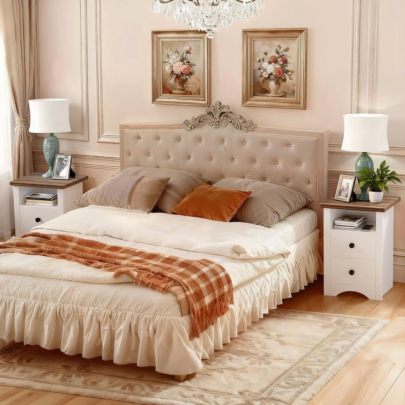 Lacoo End Table Set of 2 with 2 Drawers & Open Shelf, Nightstand for Bedroom Wood Side Table for Living Room, White