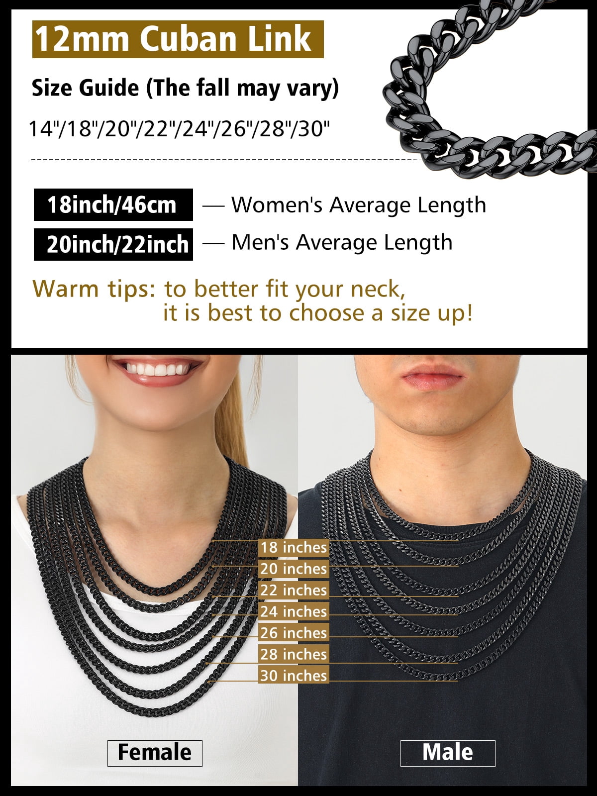 FindChic Black Chain Necklace for Men Stainless Steel Hip Hop Cuban Link Chains Birthday Graduation Fathers Day Jewelry Gifts Him Boyfriend Husband Adults Male Son Age Ideas, 12mm/18inch