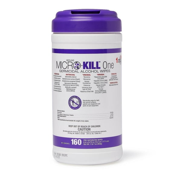 Medline Micro-Kill Germicidal Disinfectant Wipes, 7 x 15in, 1 Tub, 65 Wipes