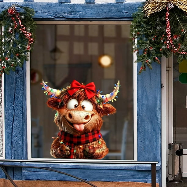 Pegatinas navideñas, adornos navideños, un lindo becerrito, decoración para escaparates y pegatinas para ventanas, adornos navideños para exteriores, decoraciones navideñas, decoración navideña.