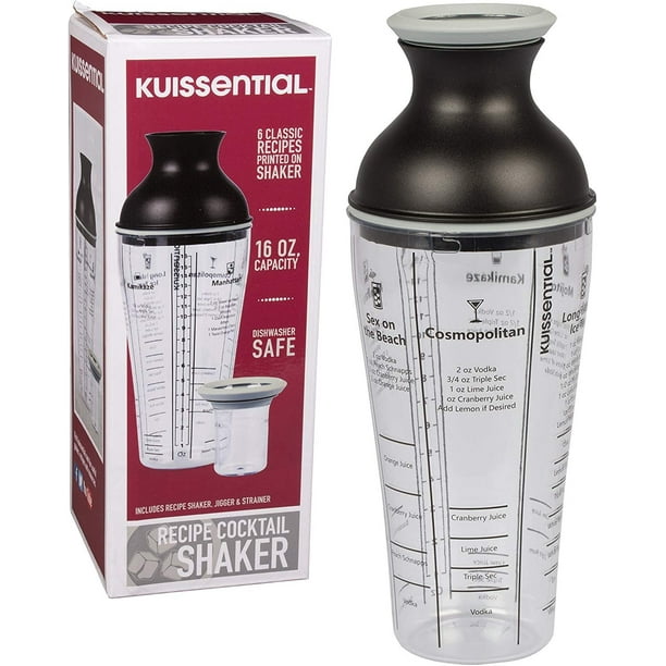 Recipe Cocktail Shaker 16oz with Jigger, Strainer 6 Printed Mixed Drink