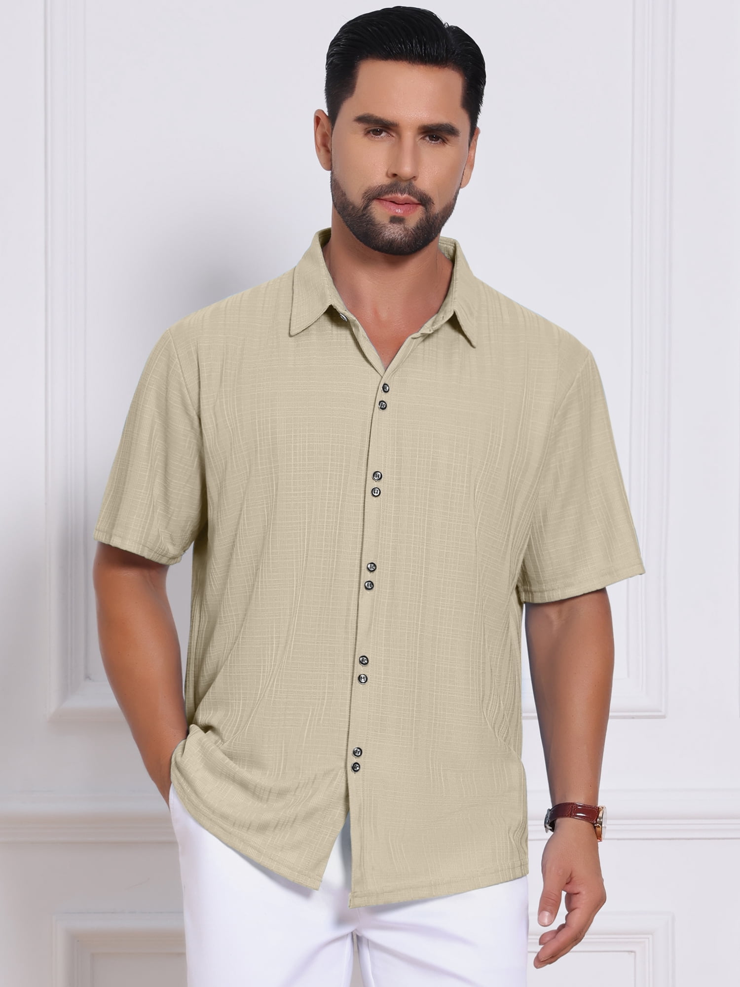 DARING DIVA Men's Texture Short Sleeve Button Down Casual Knitted Shirt S Khaki