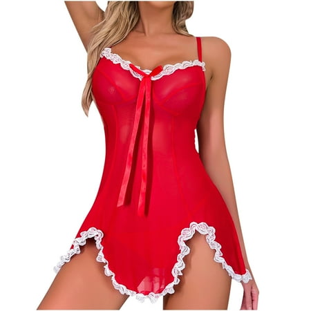 Umfun Women Lingerie Set Sexy Solid Sling Lace Nightgown Mesh Set Flower Deep V Lingerie Side Open Lace One Piece Irregular Mini Dress Red M