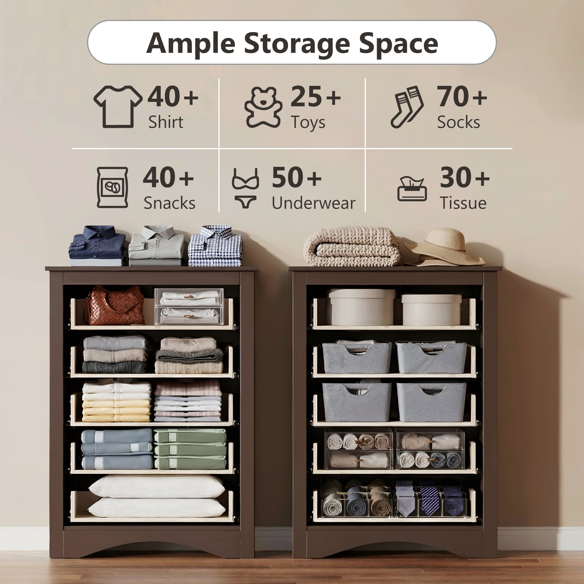Homall 5 Drawer Tall Dresser for Bedroom, Wide Storage Cabinet for Living Room, Wood Chest of Drawers with Metal Handles, Brown