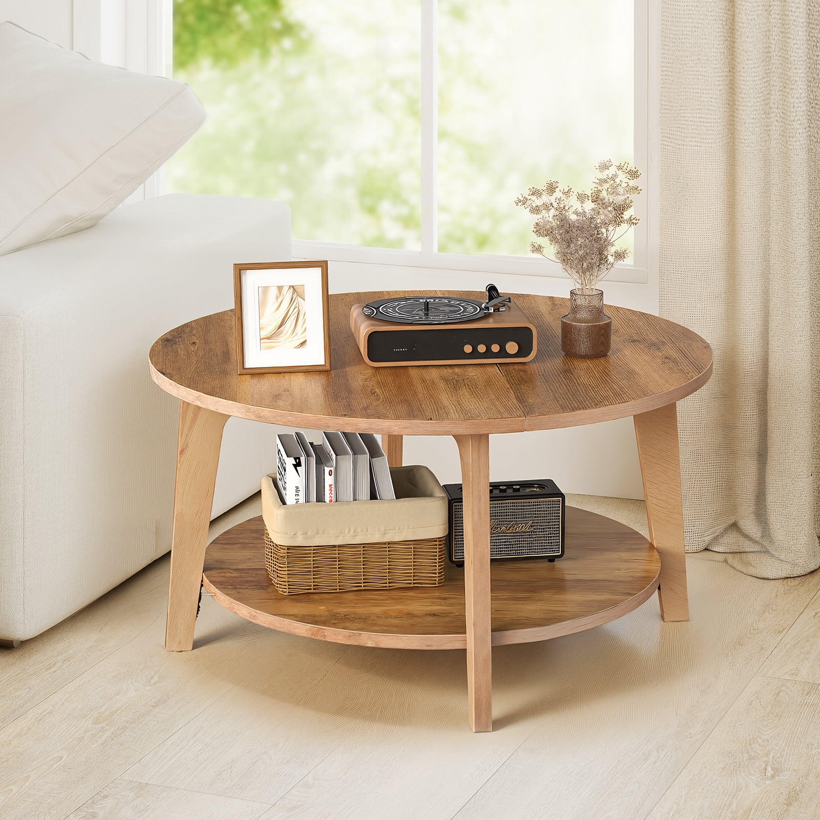 EDX Round Coffee Table, 2 Tier Coffee Table with Storage, for Living Room，Honey Brown