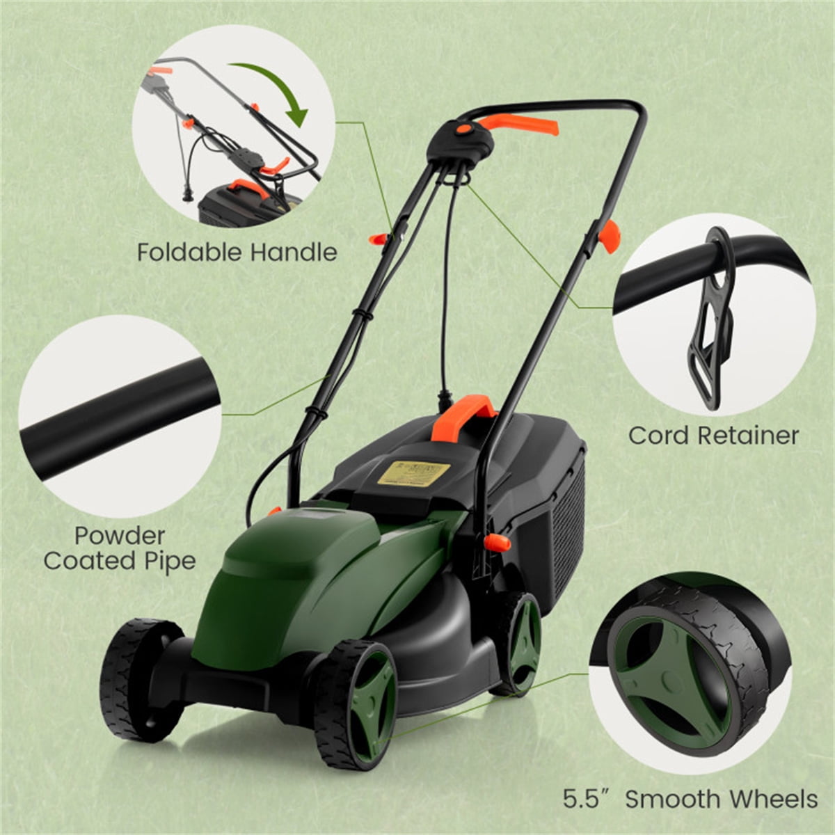 10 ampere 13 inch electric rope lawn mower with dual safety switches -Green