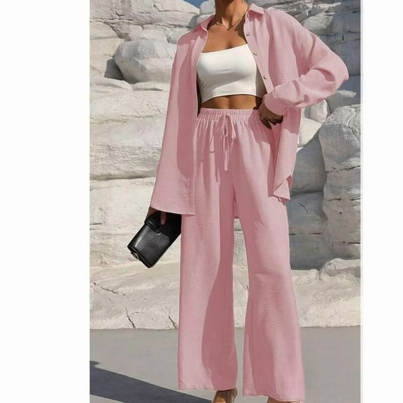 Women's Solid Button Front Shirt & Tie Front Wide Leg Pants Two-piece Set, Casual Drop Shoulder Long Sleeve Blouse Top & Trousers 2 Piece Set for Spring & Fall