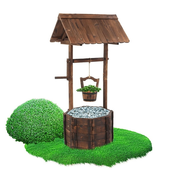 IVV Wooden Wishing Well Planter with Hanging Bucket for Flower and Plants Indoor and Outdoor, 45"H Rustic Flower Planter Patio Garden Ornamental, Home Decor, Brown