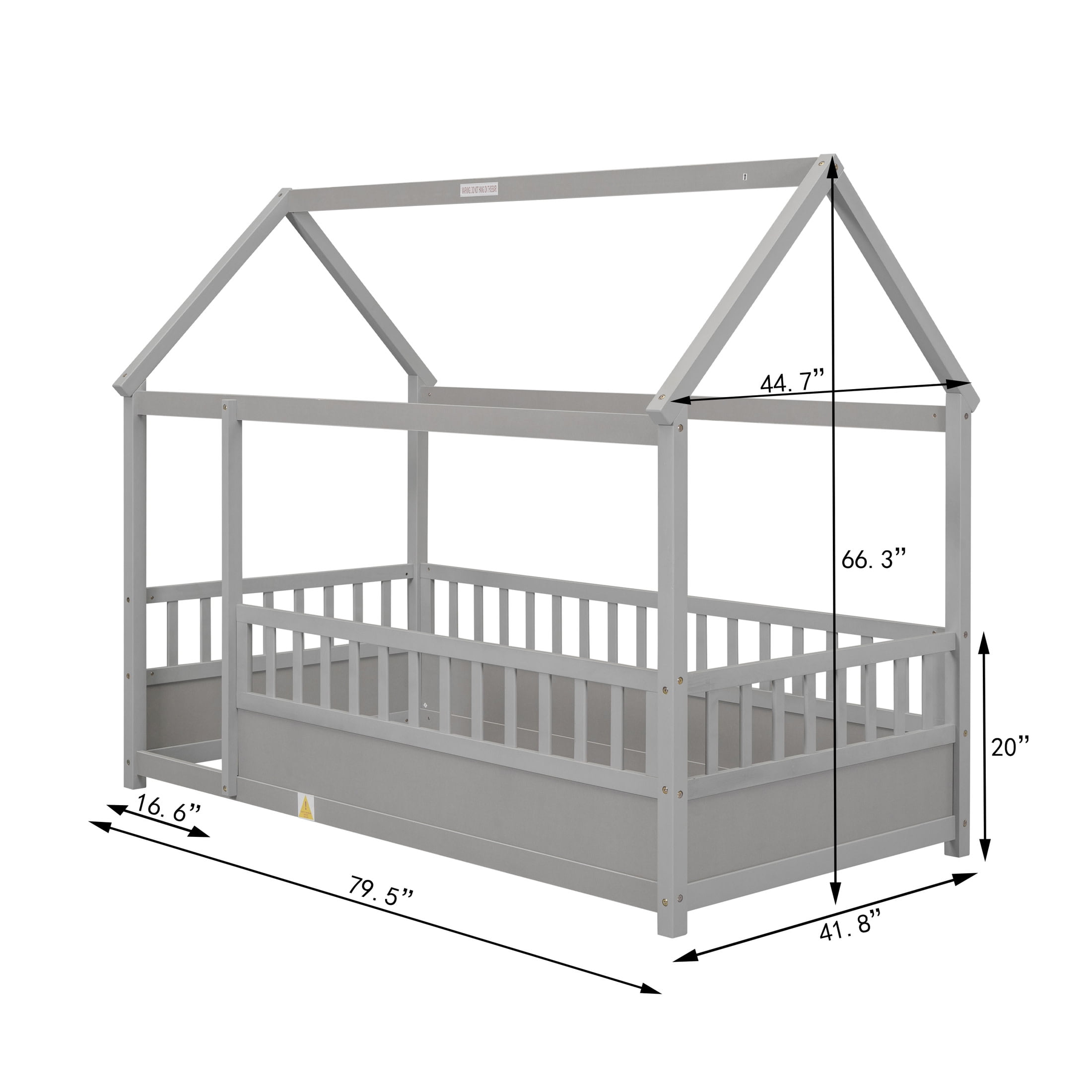 Noble House Twin Size Floor Bed with House Roof Frame and 20" Safety Guardrails, Gray
