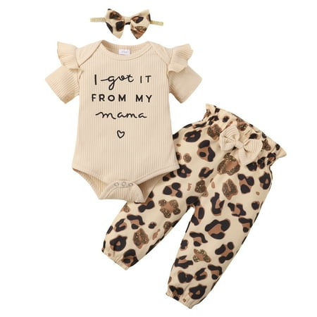 

Infant Baby Girls Clothes Baby Girls Outfits 6-12 Months Girls Letter Print Short Sleeve Romper Top Leopard Pants Headband 3PCS Set Apricot