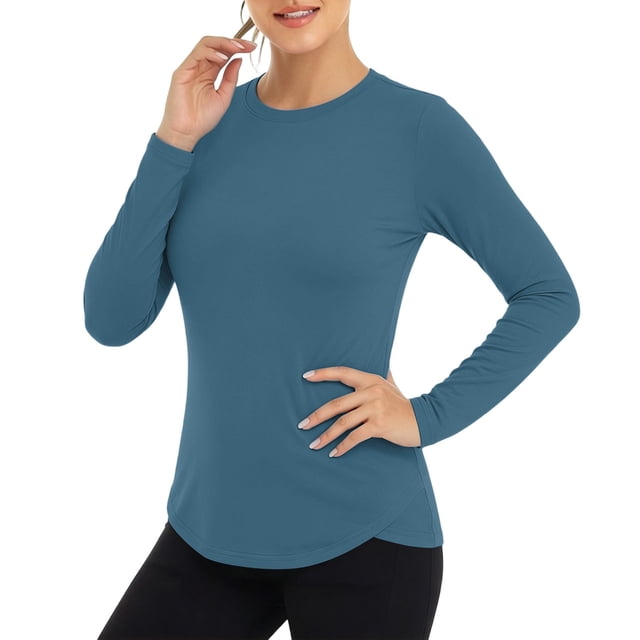 Uootdi UPF50+ Sun Protection Tops for Women Crew Neck Long Sleeve with Curved Hem Outdoor Rash Guard Quick Dry Breathable Tops Gift