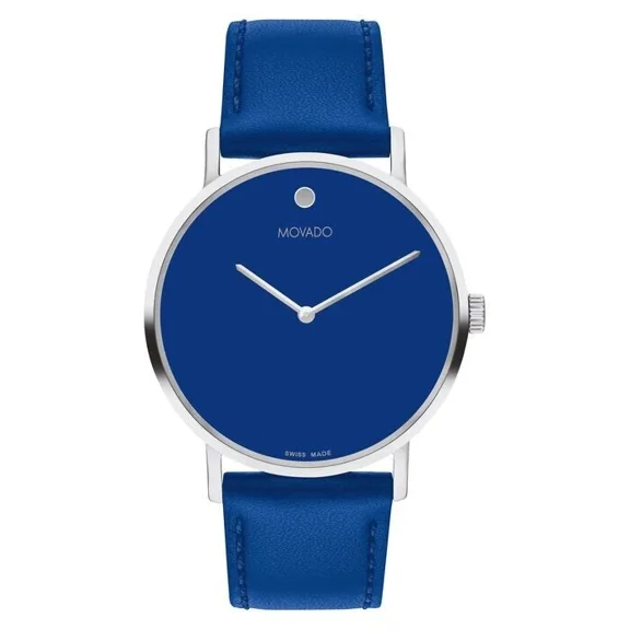 Movado Signature Silver Blue 0607590 Dial Black Leather Strap Mens Watch