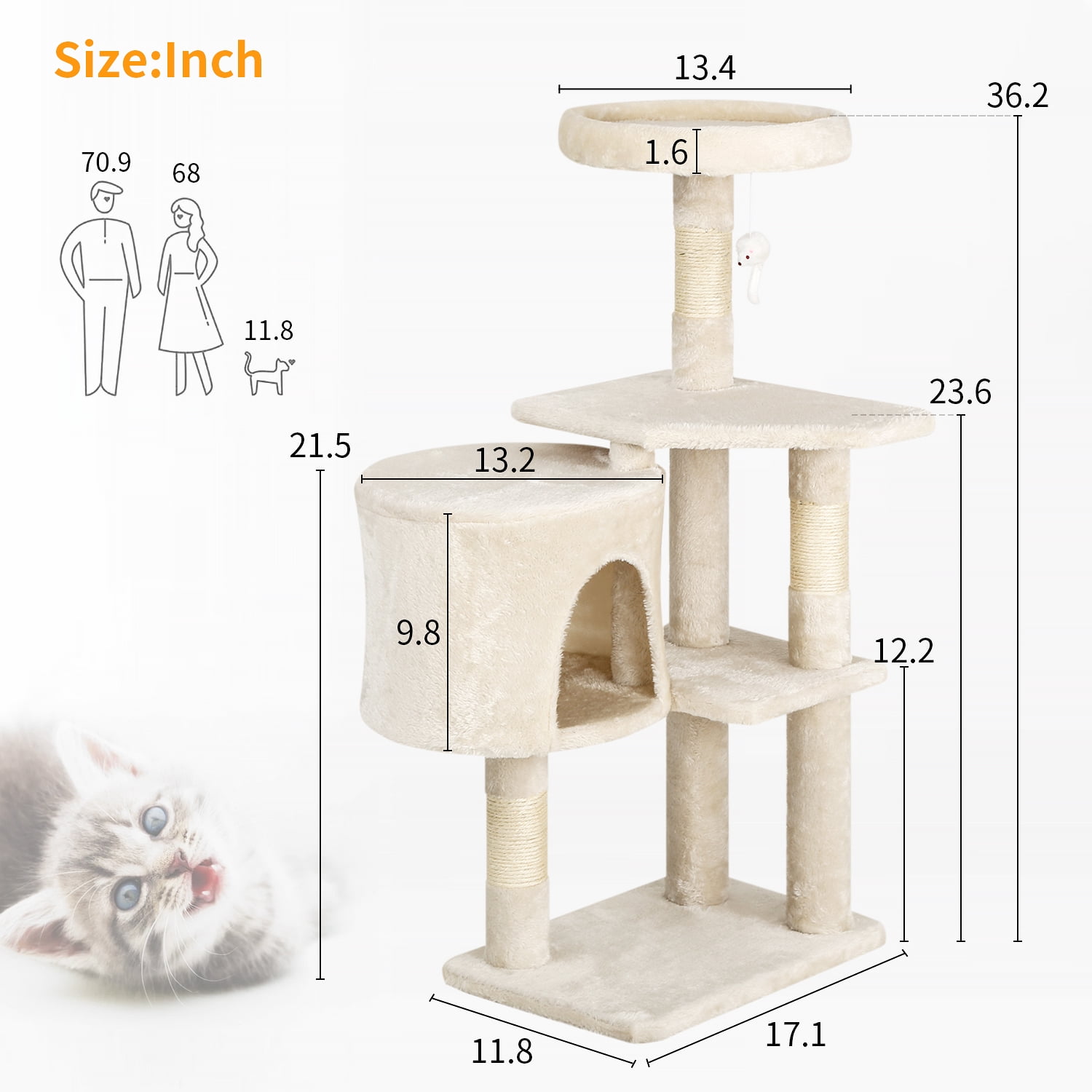 Dkelincs Cat Tree Tower 36 inch Tall Multi-Level Furniture Cat Tree Condo with Scratching Posts Perches for Indoor Play, Nap and Climbing, Beige