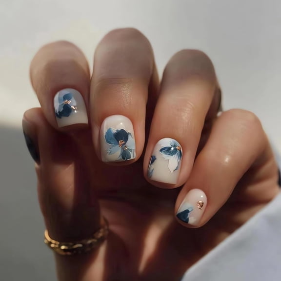 Press on Nails Short Square Fake Nails Glossy Glue on Nails Fog Blue Flower Acrylic Nails Squoval Artificial Nails Bling Gold Glitter Stick on False Nails with Design 24 pcs 03200-3Blue 0.04 Fl Oz