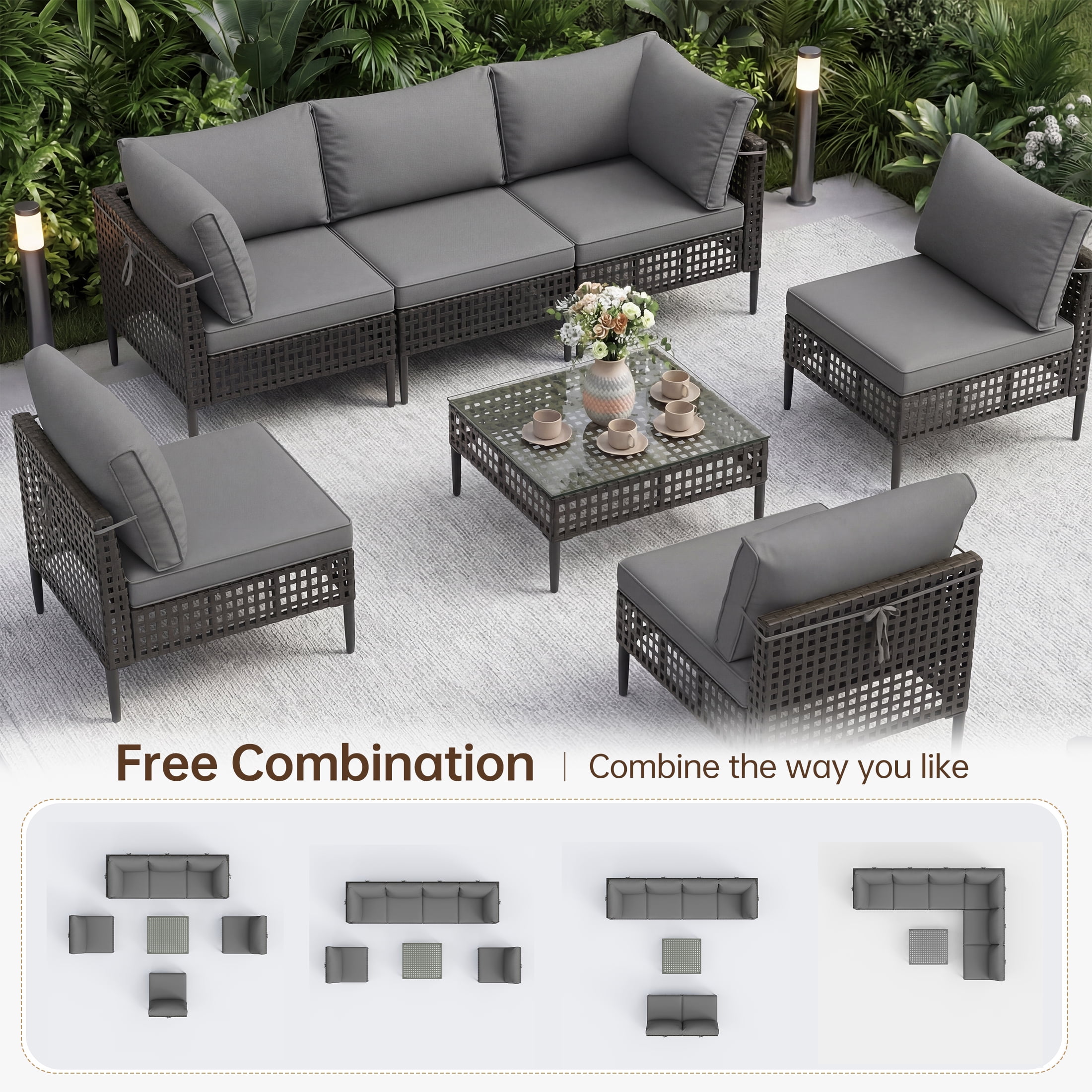 UDPATIO 7 Piece Wicker Patio Furniture Set, Outdoor Conversation Set， Sectional Sofa with Glass Coffee Table， Outdoor Sofa for Porch, Backyard, Black&Gray