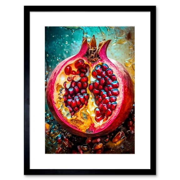 Sliced Pomegranate Fruit Photorealistic Painting Artwork Framed Wall Art Print 9X7 Inch