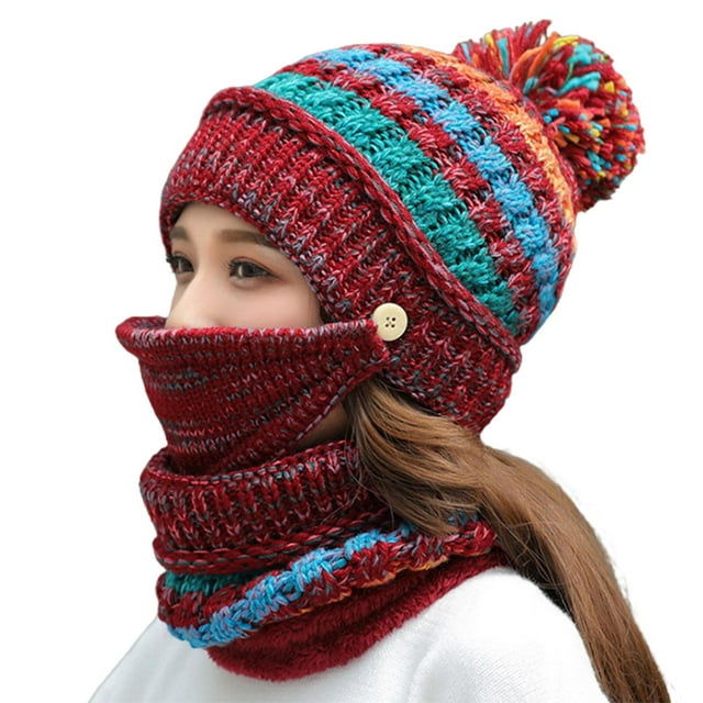 Gorro De Punto 3 En 1 Para Invierno, Conjunto De Bufanda Con Cubierta Para La Cara, Gorro Con Forro Polar Cálido Con Pompón Para Mujeres Y Niñas Vogacara OD016749-03