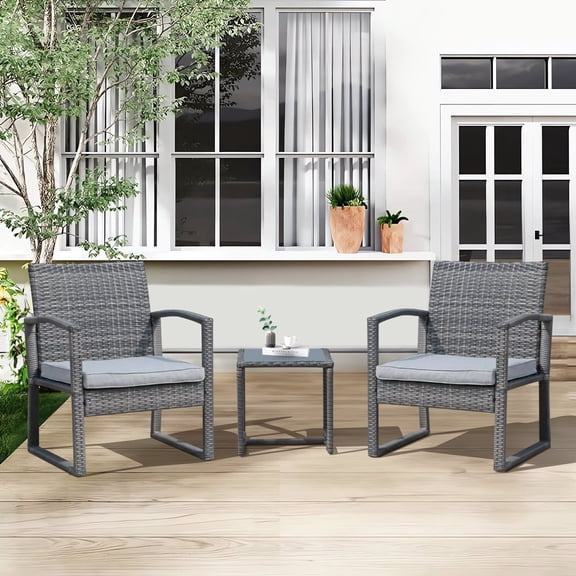 Orange-Casual 3 Piece Outdoor Modern Bistro Set, Wicker Conversation Set, Patio Rattan Chair Set, Patio Furniture Set with Coffee Table, Garden (Grey)