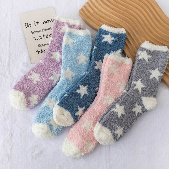 5 Pairs Women Novelty Star Graphic Fuzzy Socks Fleece Fluffy Cabin Plush Warm Sleep Soft Cozy Winter Socks